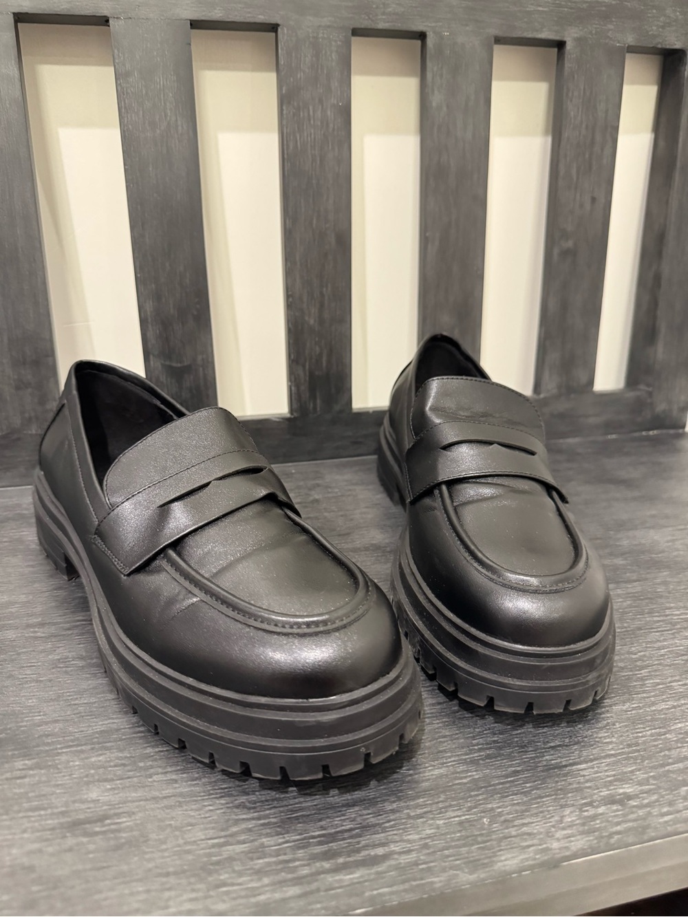 Chunky Black Leather Penny Loafers